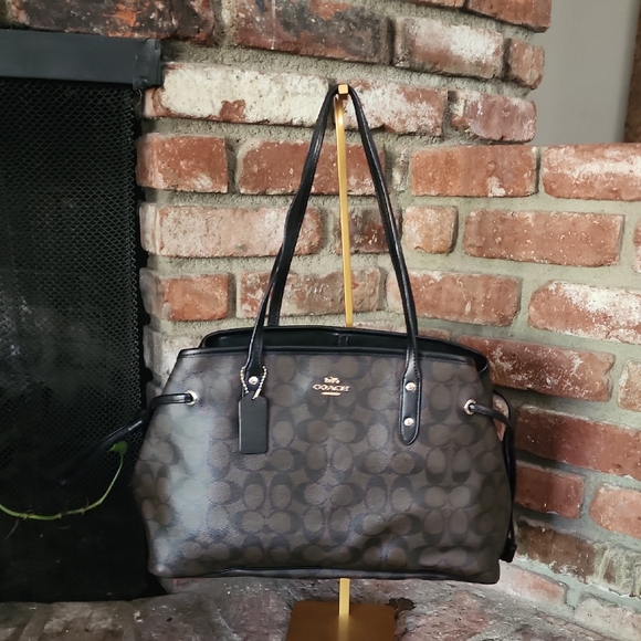 Coach Signature C Canvas Shoulder Tote Black Leather Trim Classic